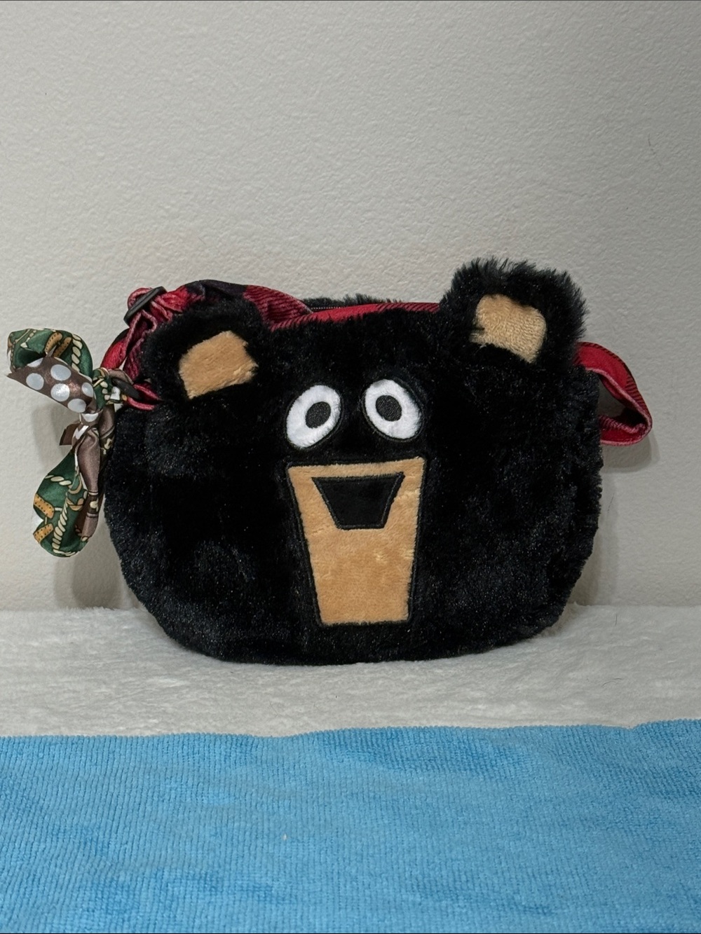 Lazy One Black Plush Bear Crossbody Bag with Red Strap and Tan Accents